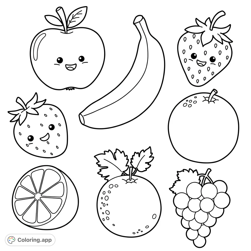 A delightful collection of cute, smiling fruits including apples, bananas, strawberries, oranges, and grapes, perfect for a fun coloring page.