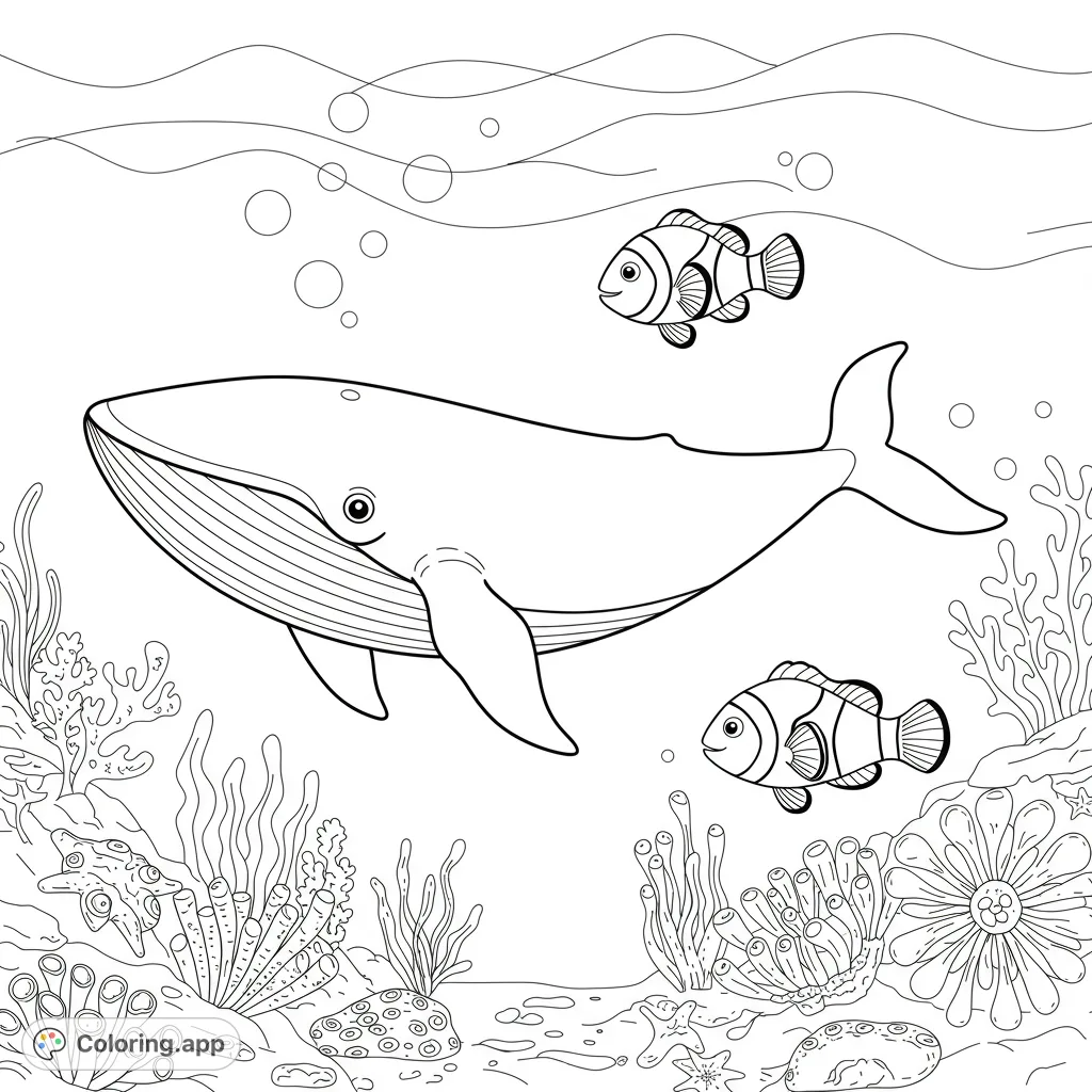 Dive into an enchanting ocean coloring page featuring a majestic whale, playful clownfish, and vibrant coral reefs. Perfect for all ages!