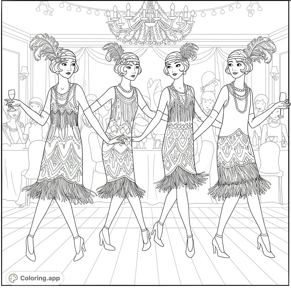 Four stylish flapper girls in fringe dresses and feathered headbands dance at a lively 1920s party, ready for vibrant colors and creative expression.