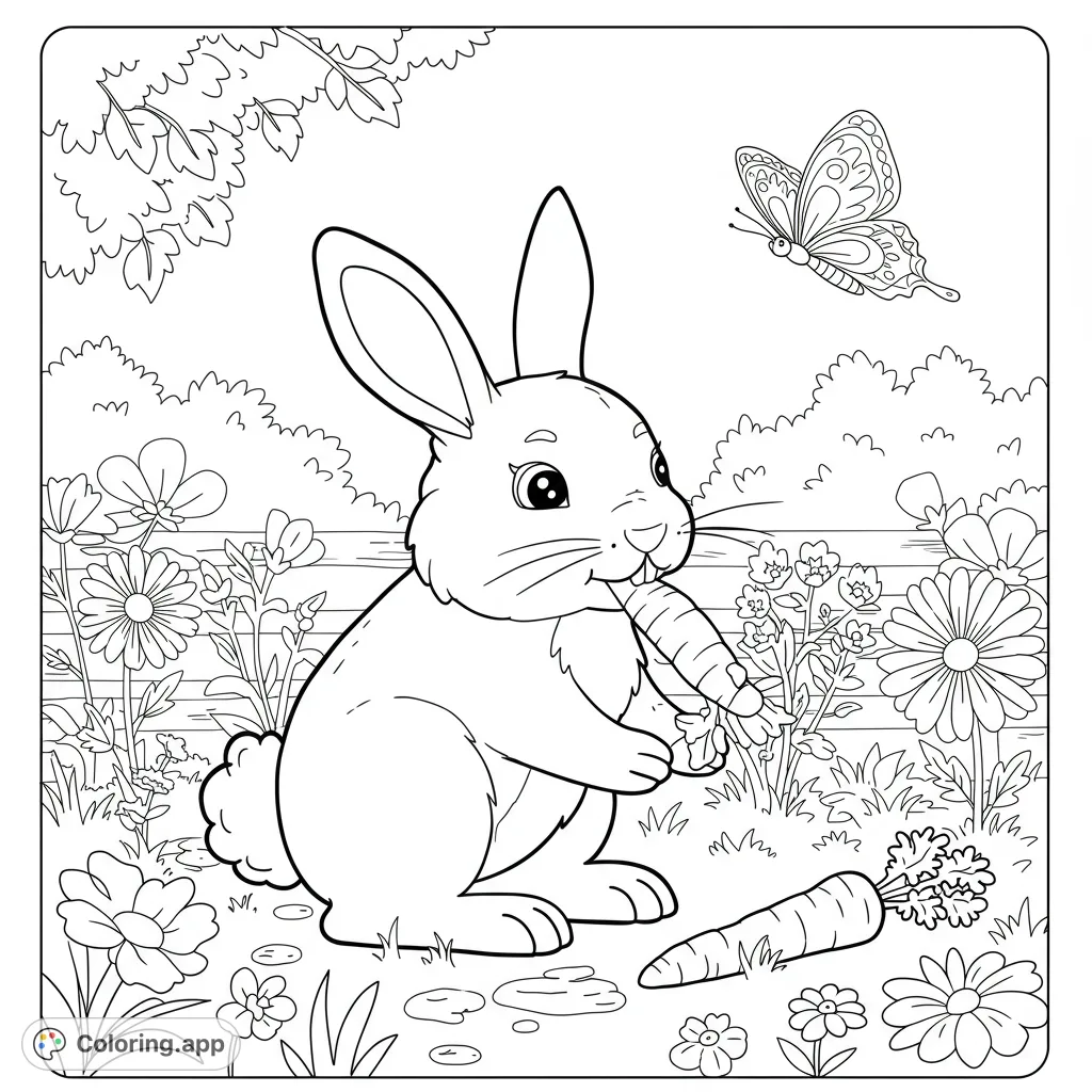 A charming garden scene featuring a happy bunny munching a carrot, surrounded by blooming flowers and a graceful butterfly. Perfect for nature lovers.