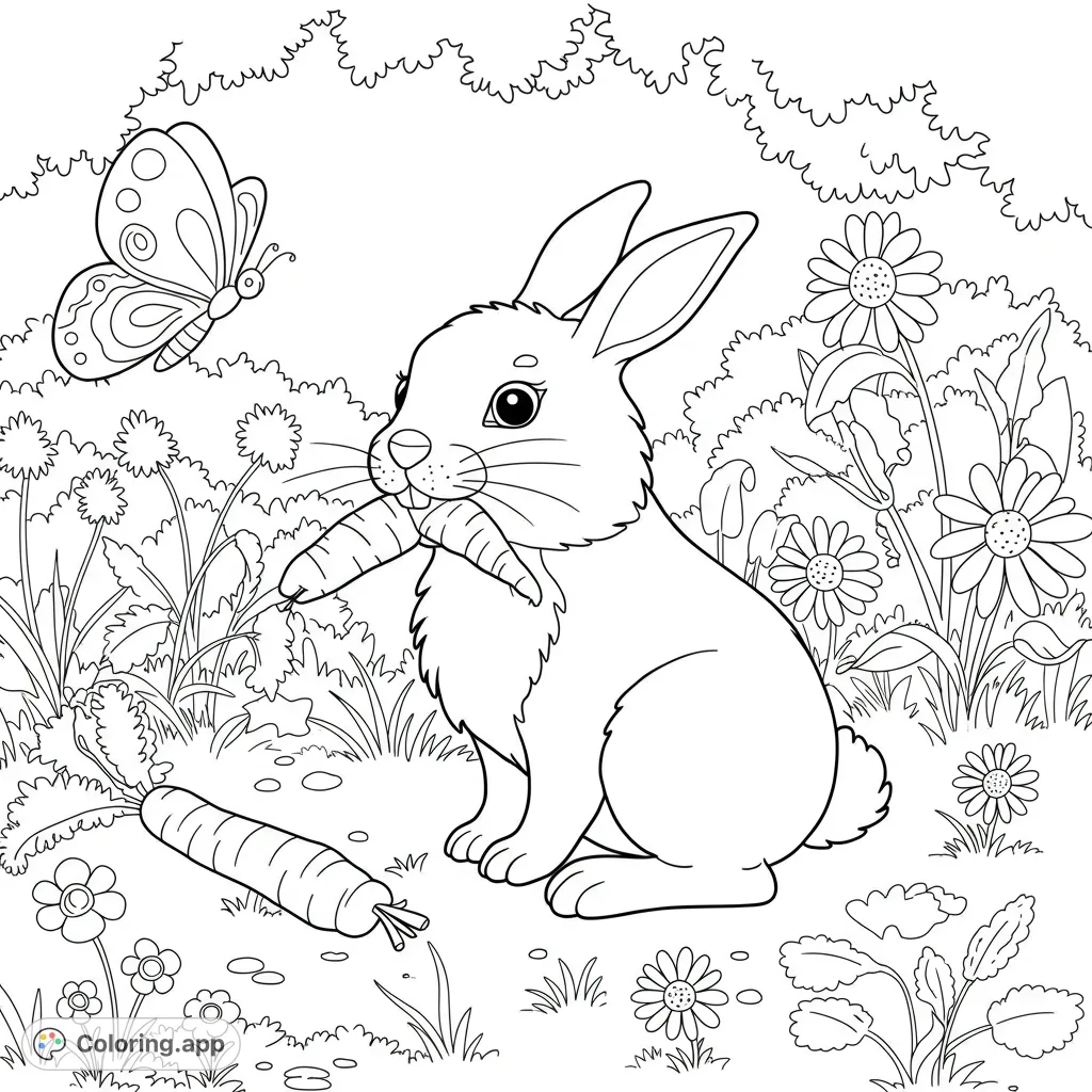 A delightful rabbit enjoys a carrot in a vibrant garden, watched by a graceful butterfly. A charming free printable nature coloring page for all ages.