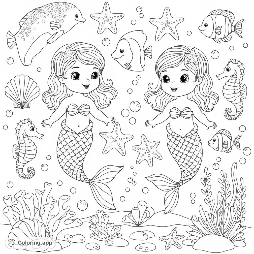 Dive into an enchanting underwater world with two adorable mermaids, playful fish, seahorses, and starfish. A delightful ocean adventure awaits your colors!