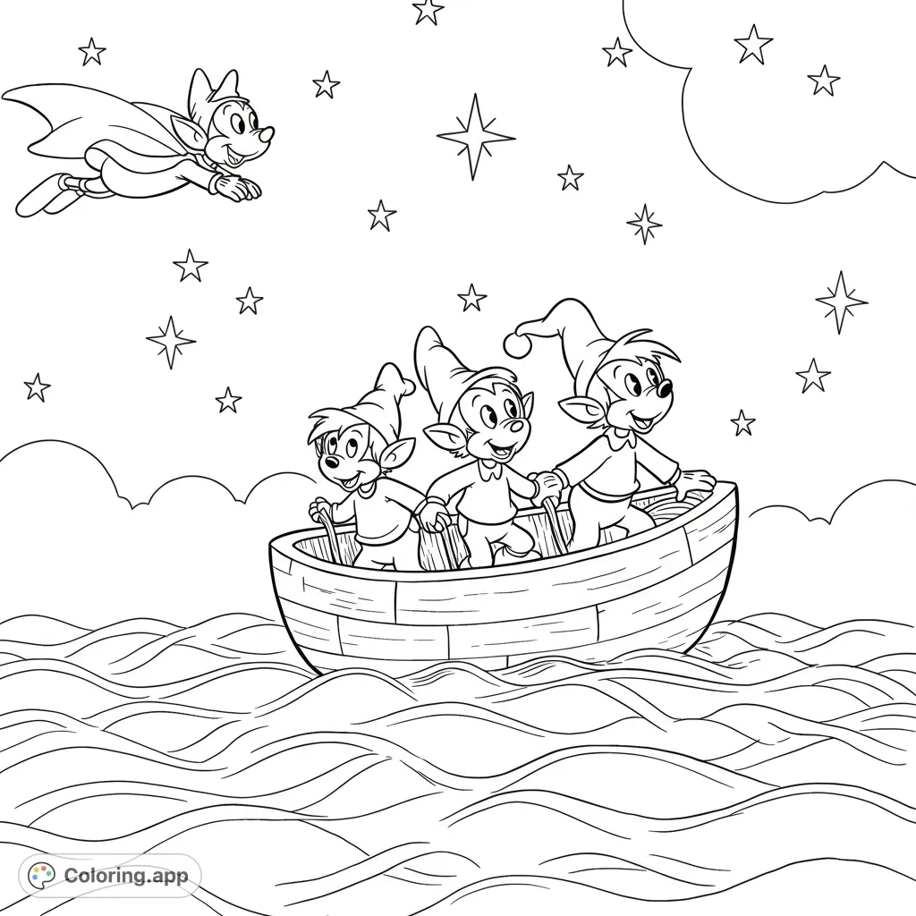 Three cheerful gnomes sail a boat under a starry sky, while a heroic flying dog soars above. A magical adventure awaits your colors!