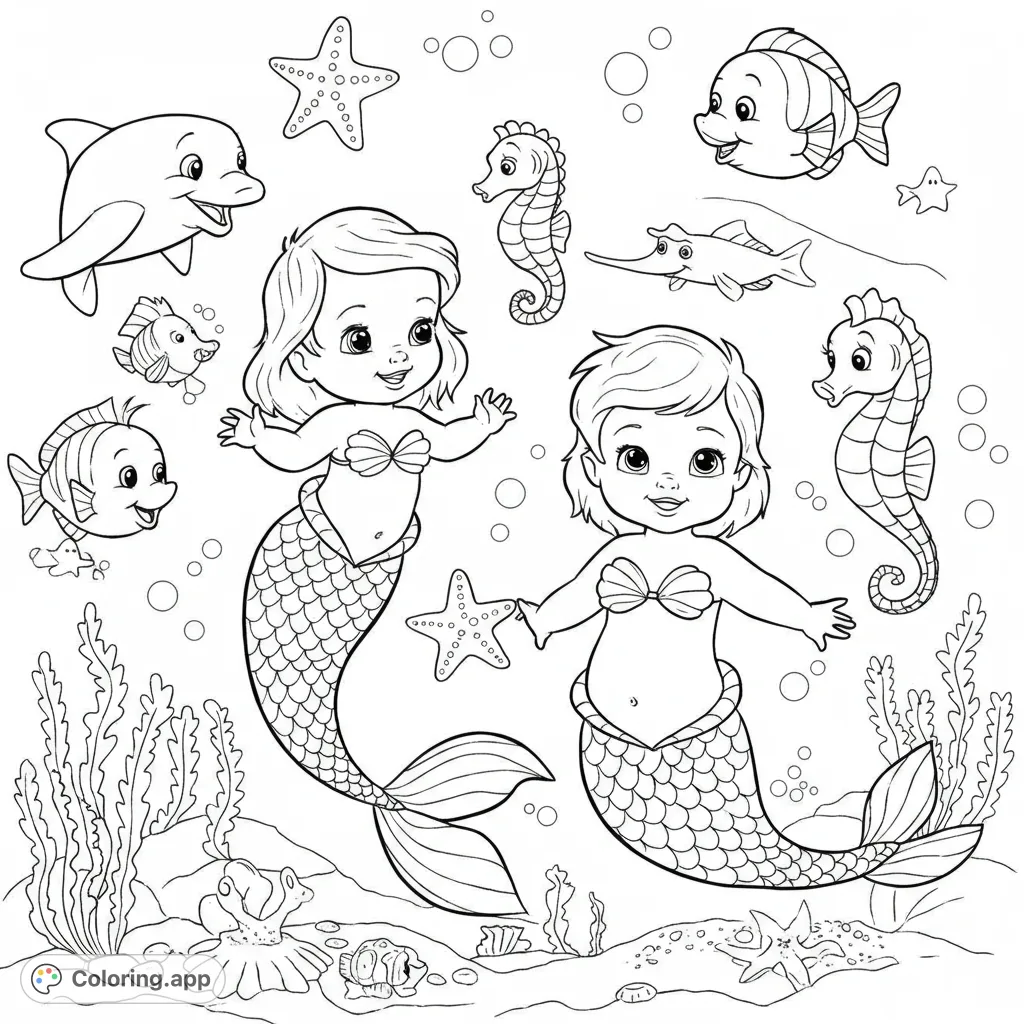 Dive into a magical mermaid ocean adventure coloring page! Features two cheerful mermaids, a playful dolphin, fish, seahorses, and starfish in an enchanting underwater world.