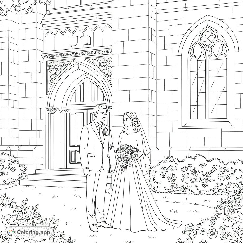 Celebrate love with this beautiful wedding coloring page featuring a bride and groom outside a grand church. Perfect for all ages!