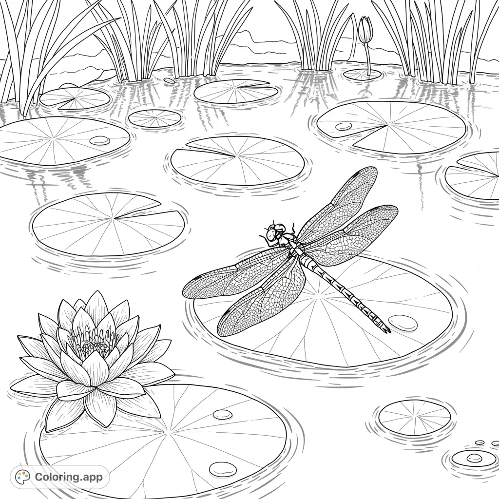 A beautiful pond life scene featuring a detailed dragonfly on a lily pad, surrounded by water lilies and reeds. Perfect for nature lovers.