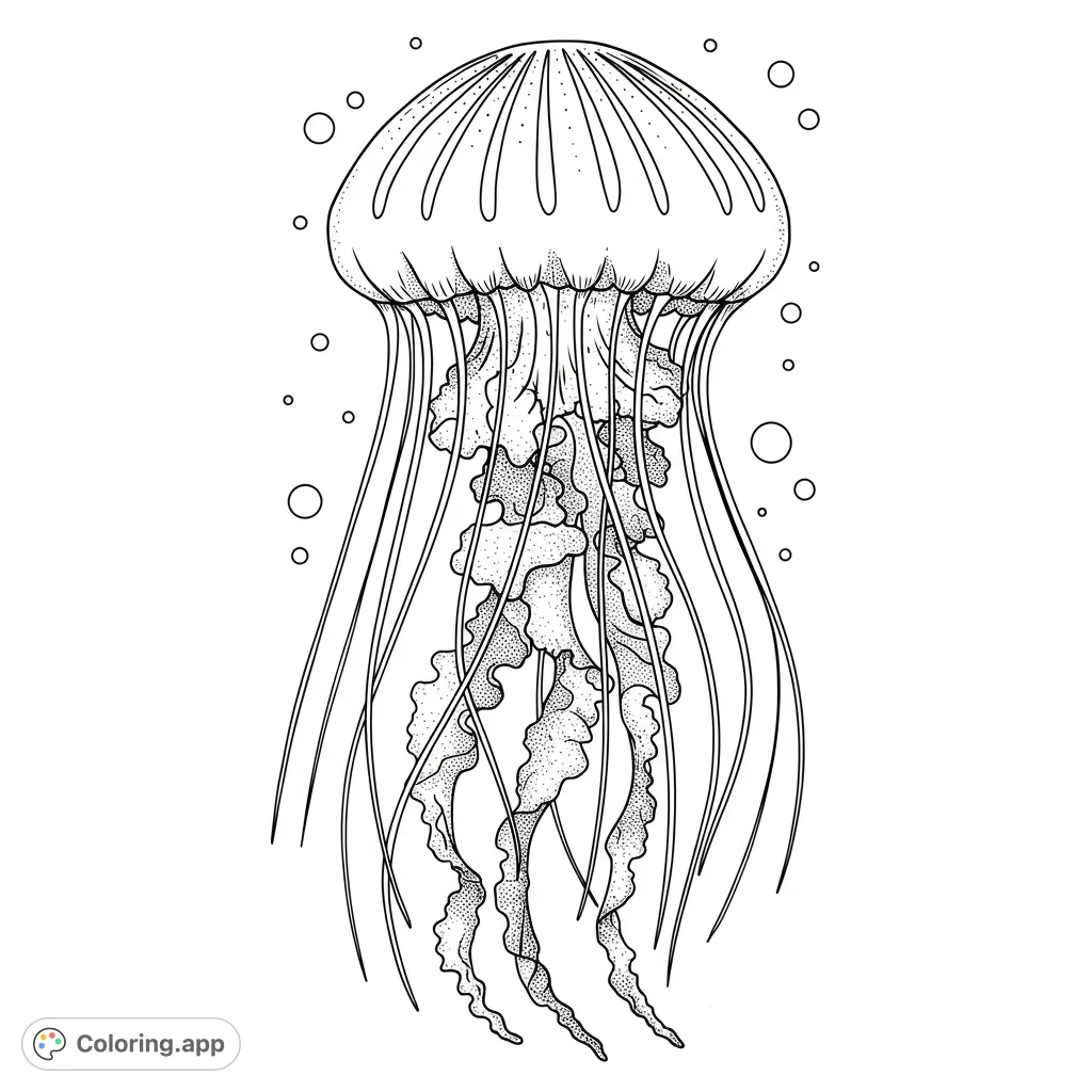 Dive into the ocean with this graceful jellyfish coloring page! Featuring a detailed bell, flowing tentacles, and bubbles for a serene underwater scene.
