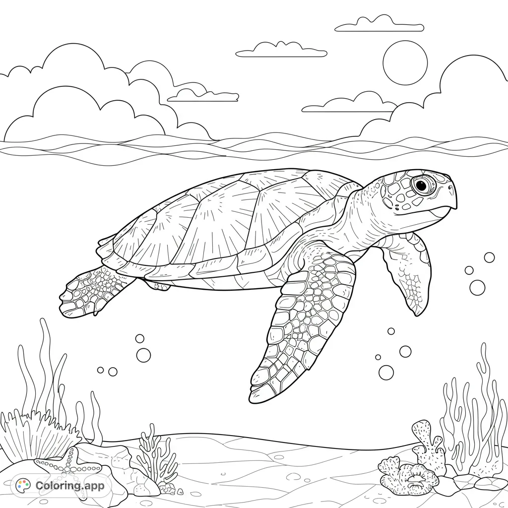 Dive into an ocean adventure with this sea turtle coloring page! Explore detailed underwater life, from coral to starfish, in a free printable design.