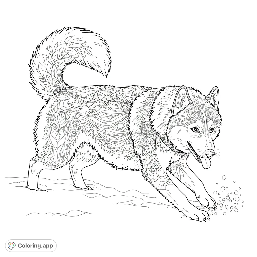 An intricate patterned wolf in a playful pose, perfect for detailed coloring. Features unique mandala-like designs on its fur, ideal for creative expression.