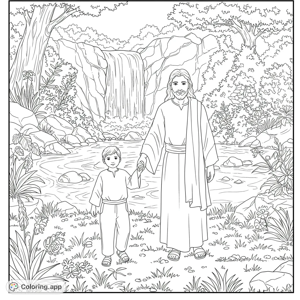 A serene religious coloring page featuring Jesus and a child by a beautiful waterfall, perfect for spiritual reflection and creative expression.