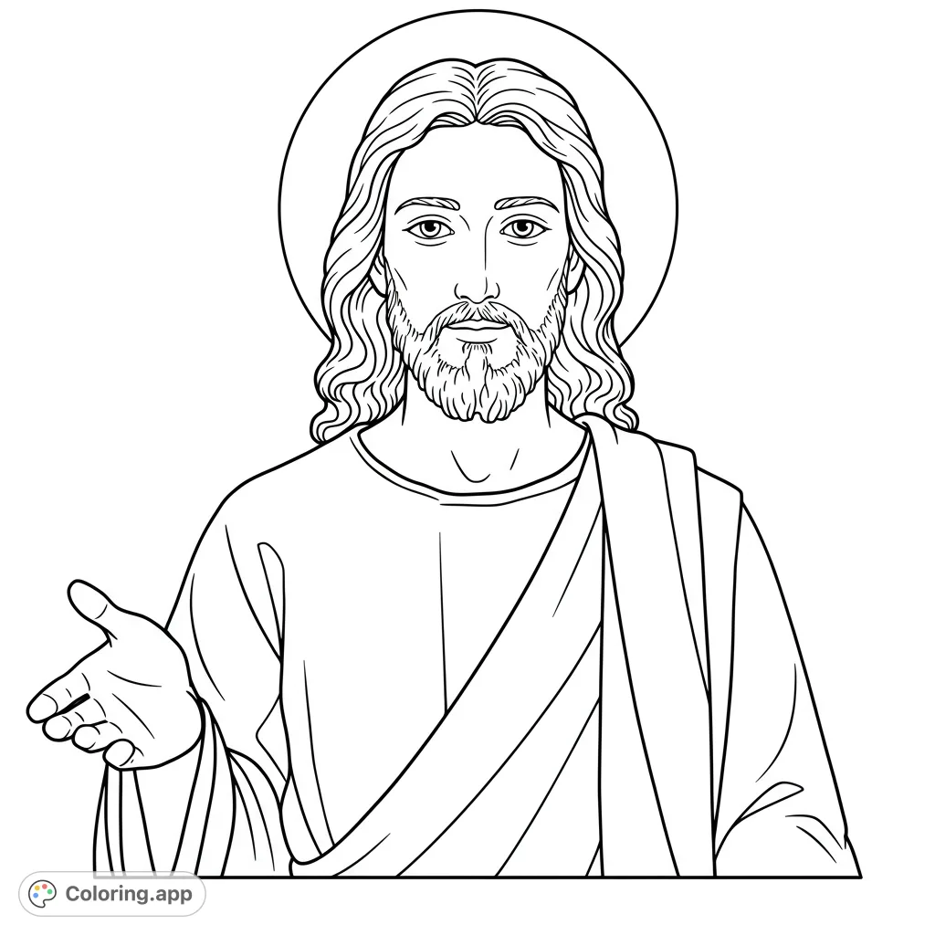 A serene Jesus Christ with a halo and outstretched hand, perfect for a spiritual coloring page. Free printable religious coloring page for all ages.