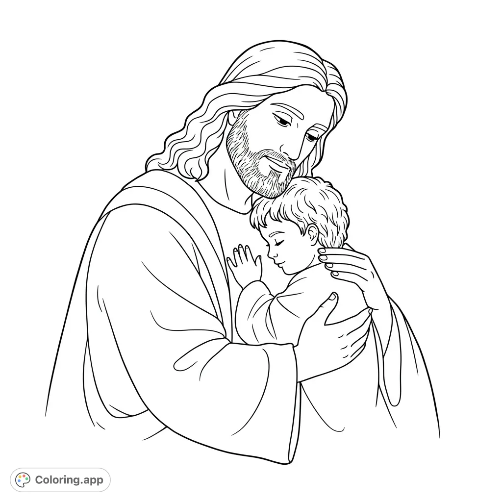 A heartwarming Jesus and child coloring page, perfect for spiritual reflection and peaceful coloring. Features gentle embrace and serene expressions.