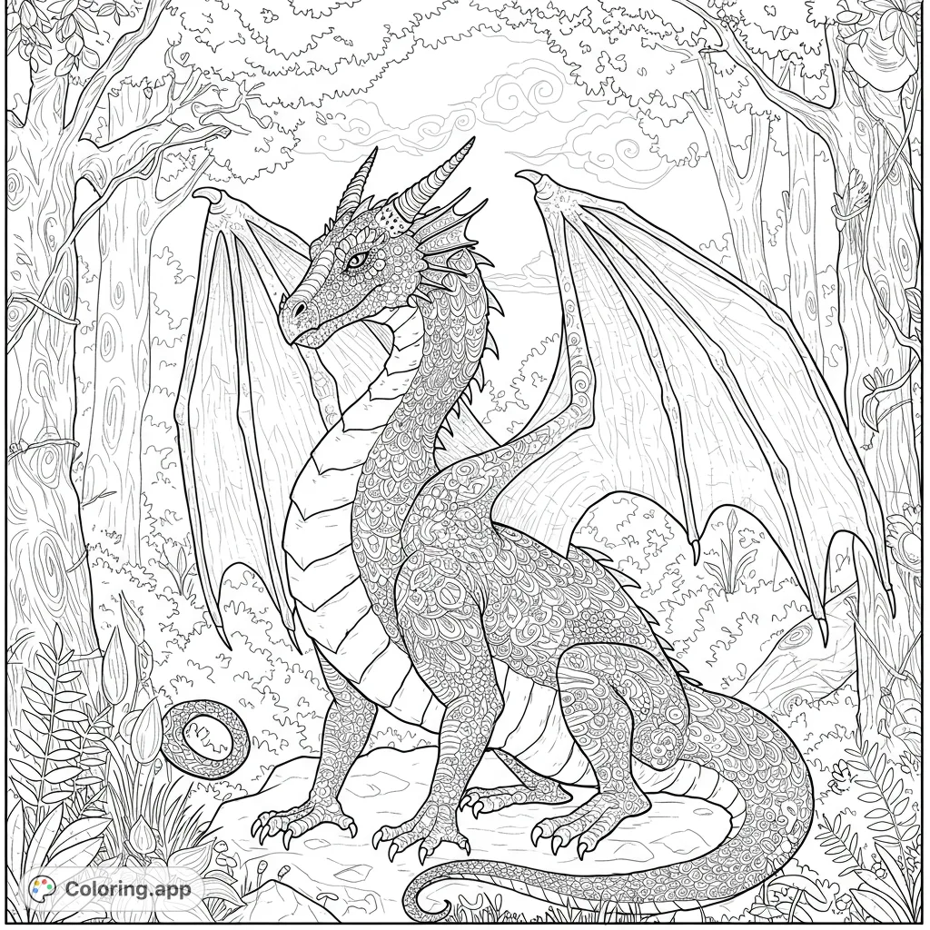 Discover a majestic dragon with intricate scales amidst a mystical forest. A detailed fantasy coloring page for all ages.