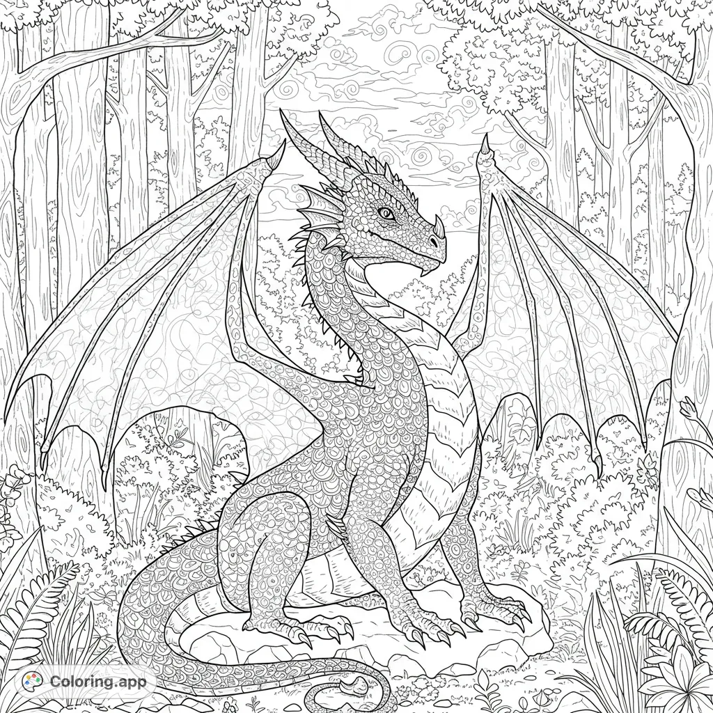 A majestic dragon with intricate scales and large wings rests in a dense, detailed forest. Perfect for fantasy lovers seeking a challenging coloring adventure.