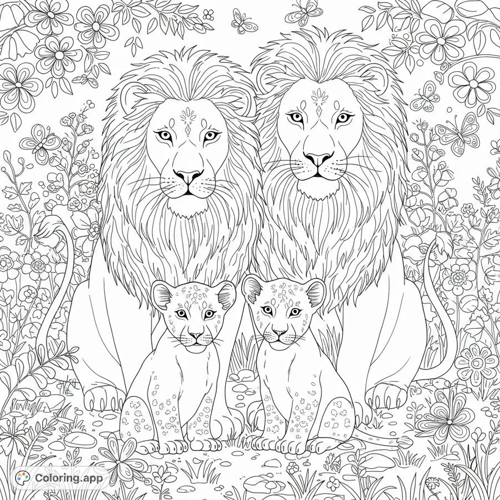 A majestic lion family coloring page featuring two adult lions and two adorable cubs amidst a lush, detailed floral jungle. Perfect for nature lovers.