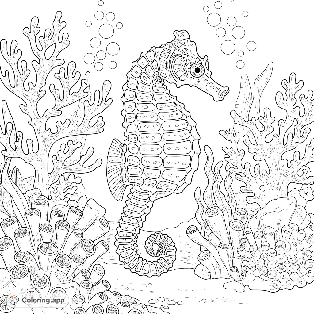 Dive into an enchanting underwater world with a detailed seahorse amidst vibrant coral and playful bubbles. A free printable ocean coloring page.