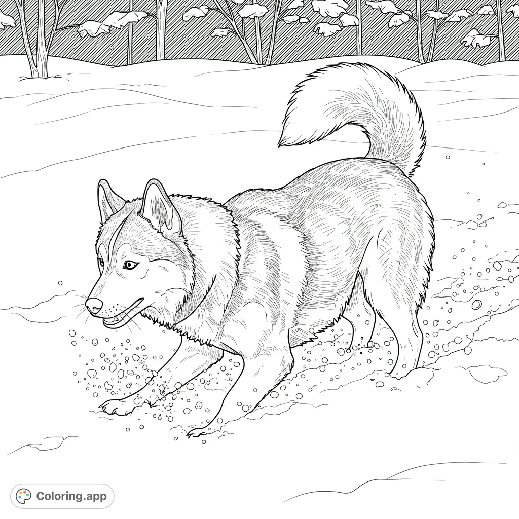 A lively husky dog joyfully playing in a snowy winter landscape, perfect for a free printable husky coloring page. Capture the fun of winter!