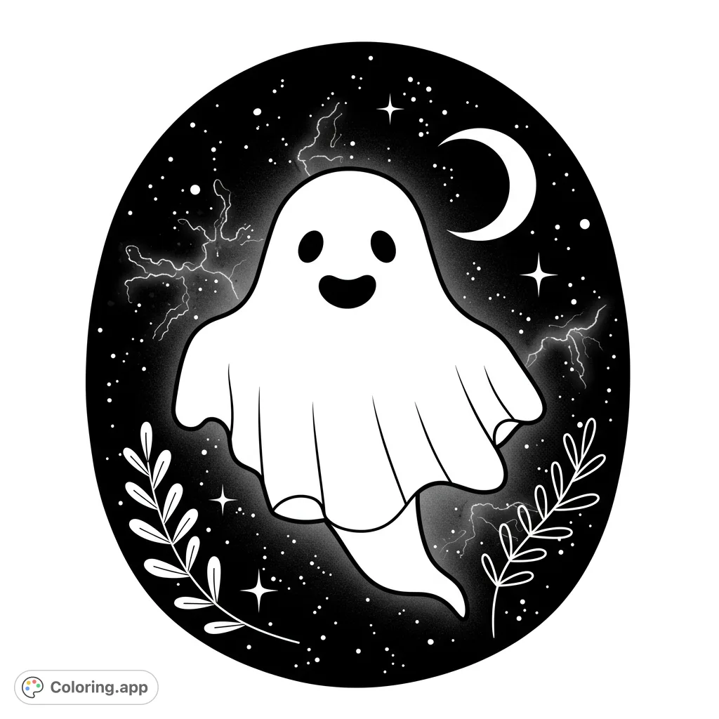 A cute, friendly ghost floats in a starry night sky with a crescent moon and lightning, framed by leafy branches. A charming Halloween coloring page.