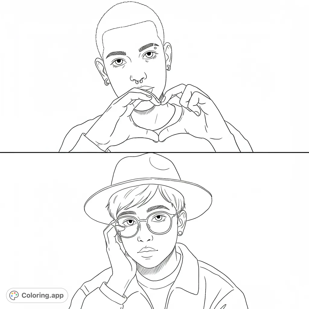 Two distinct portraits, one forming a heart with hands, the other in a hat and glasses. A modern, expressive duo ready for your creative colors.