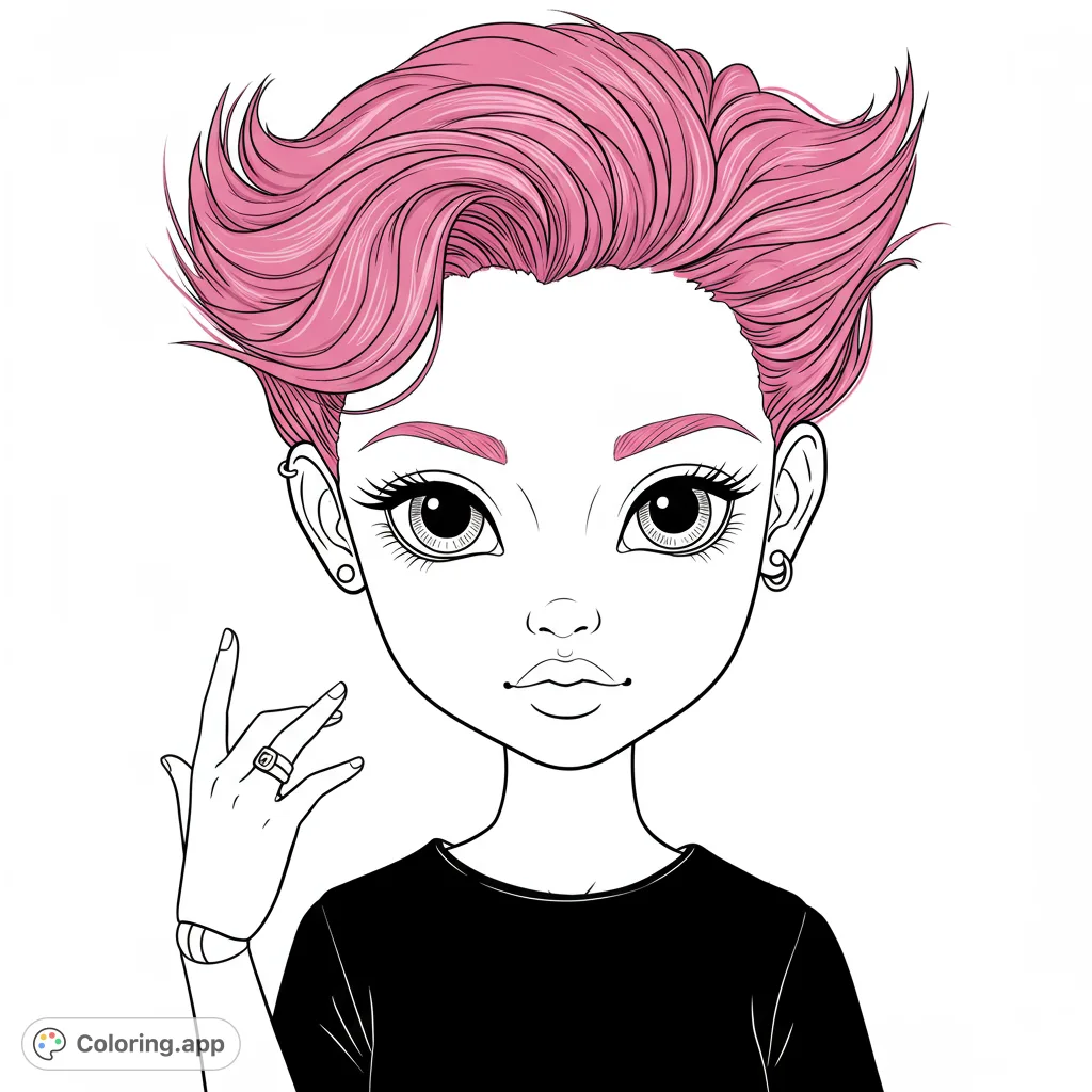 A trendy girl portrait coloring page featuring a character with spiky, voluminous hair, expressive eyes, and stylish accessories. Perfect for fashion and anime fans!