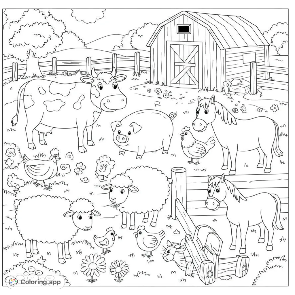 A charming farm coloring page featuring a cow, pig, horses, sheep, and chickens in a lively barnyard scene, perfect for all ages.