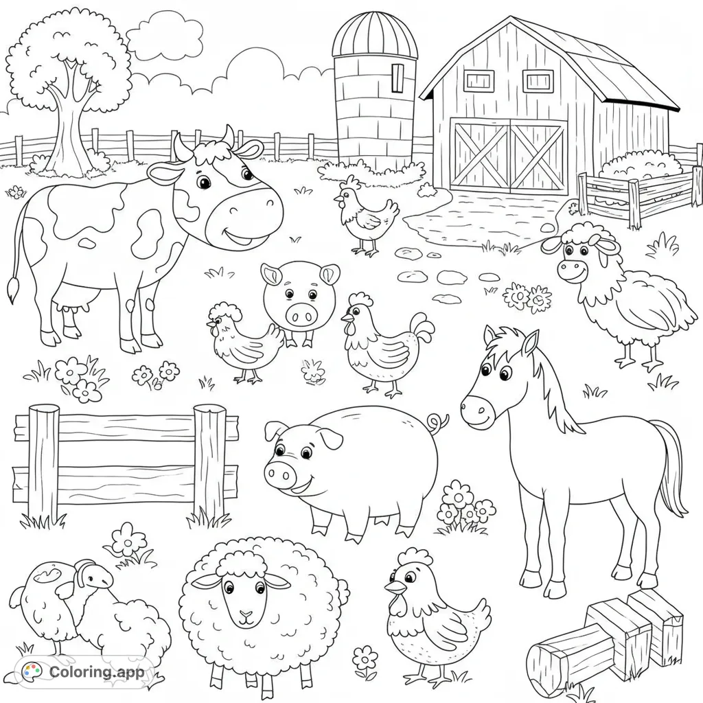 A delightful farm animal coloring page featuring a happy cow, horse, pigs, sheep, and chickens with a barn and silo background. Perfect for all ages!