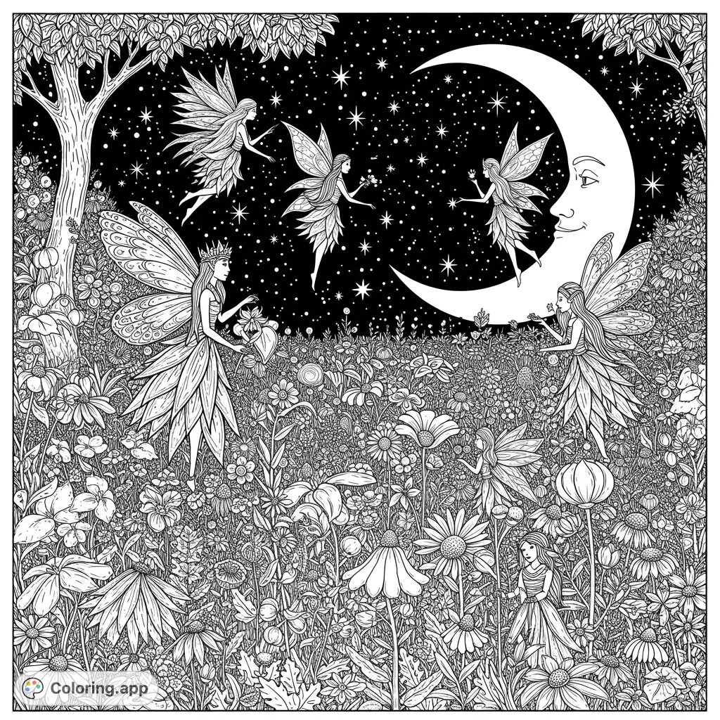 Enter a magical fairy realm! Graceful fairies dance among a detailed flower field under a starry night sky with a smiling crescent moon. A whimsical, enchanting scene.