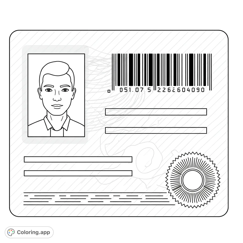 A detailed ID card coloring page featuring a portrait, abstract barcode patterns, and a seal, perfect for creative customization and imaginative play.