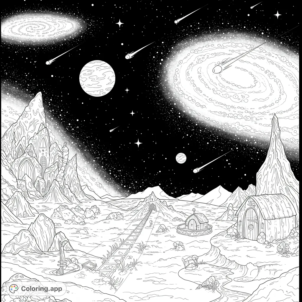 Explore a captivating alien landscape under a starry sky, featuring a railway, unique dwellings, and distant galaxies. A free printable space coloring page for all ages.