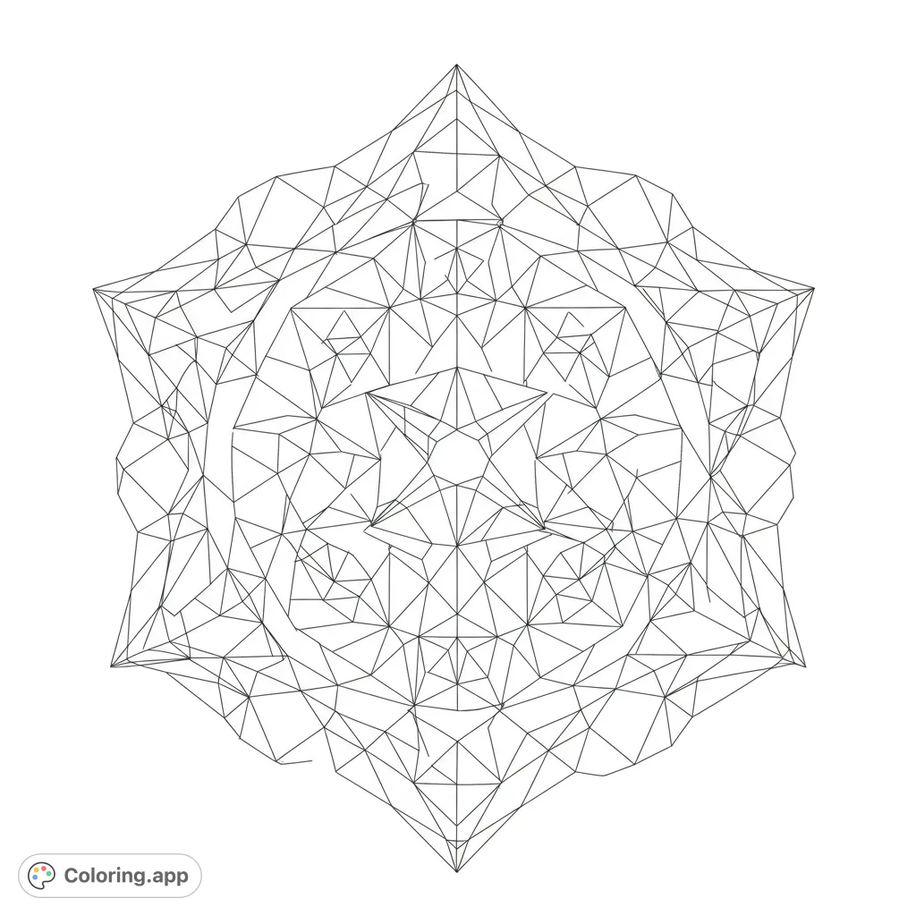 Intricate geometric star mandala with complex polyhedral patterns, perfect for meditative coloring and enhancing focus and precision.