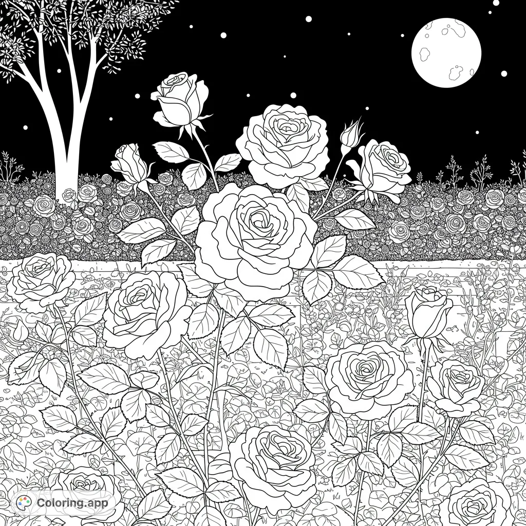 Detailed moonlit rose garden coloring page with blooming roses, a full moon, and intricate floral patterns. Free printable for all ages.