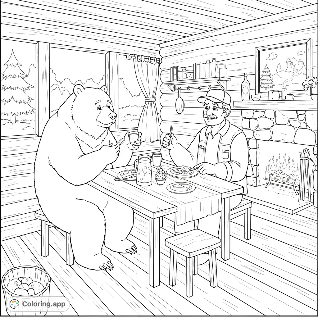 An enchanting free printable coloring page featuring a friendly bear and a man enjoying a meal in a cozy log cabin, perfect for kids and adults.