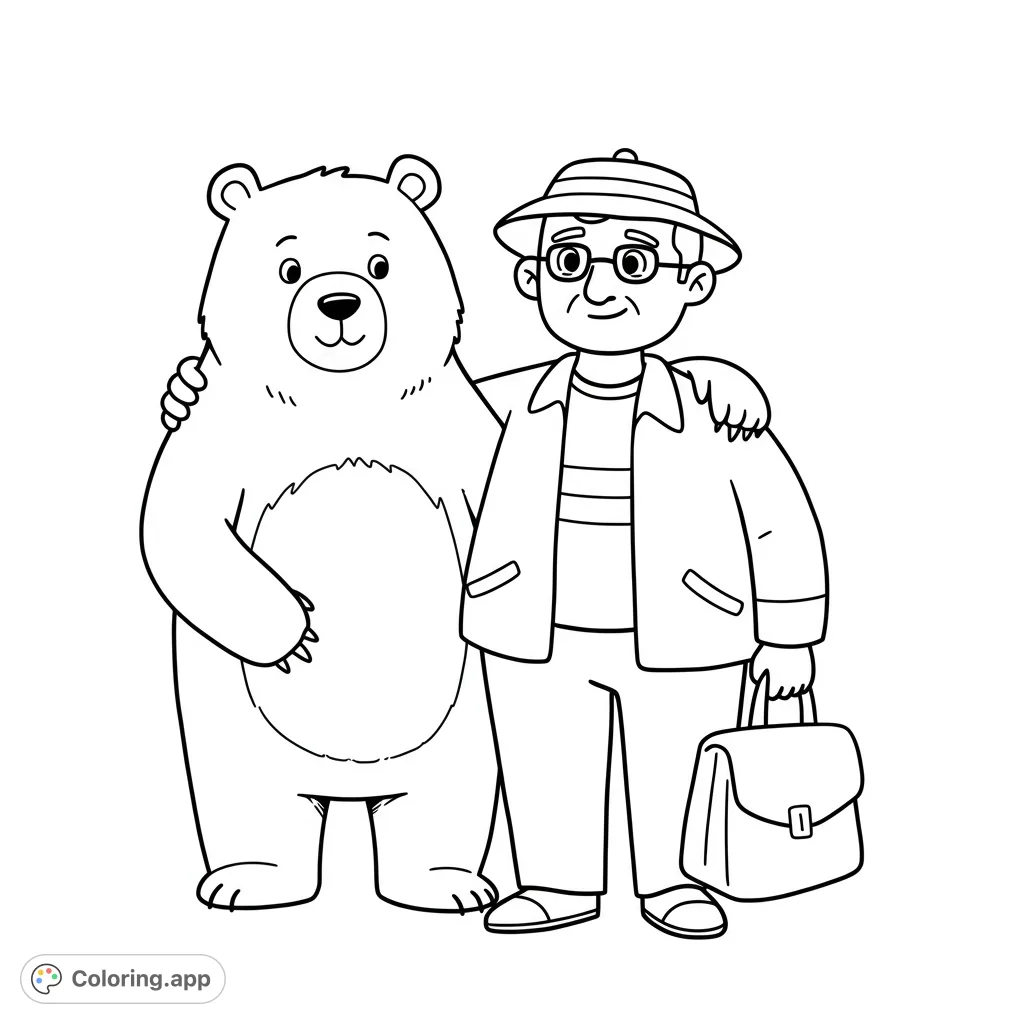 A heartwarming friendship coloring page featuring a friendly bear and an adventurous man, perfect for all ages. A free printable coloring page for fun!