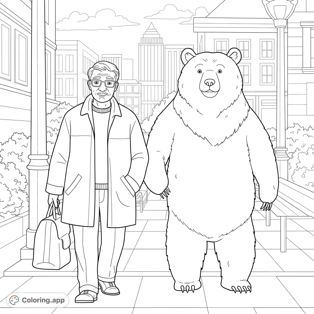 A heartwarming urban scene featuring a man and his friendly bear companion strolling hand-in-paw through a bustling city street. A unique free printable coloring page.