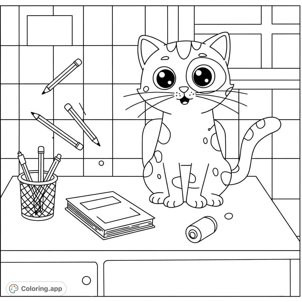 A charming, spotted cat sits on a desk amidst pencils and books, ready for a fun coloring adventure. This free printable cat coloring page is perfect for kids!