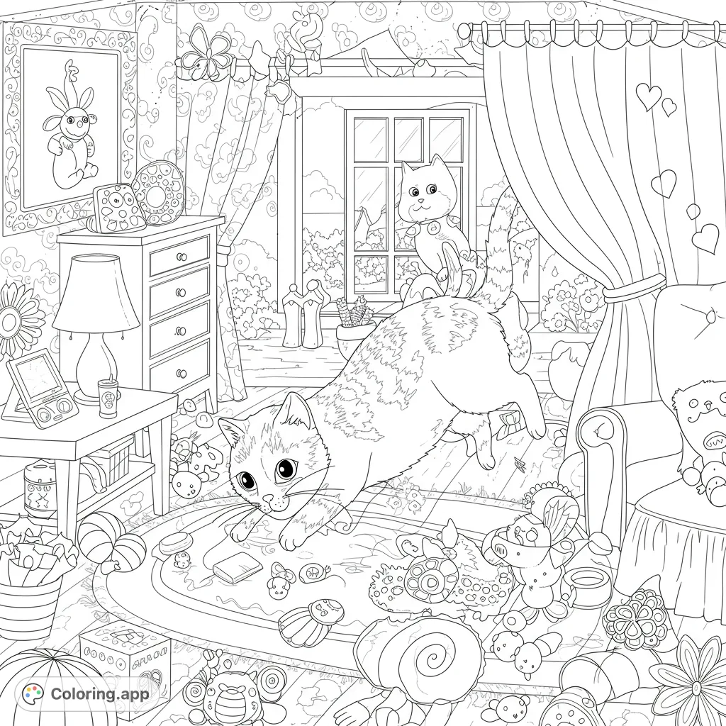 Dive into a playful cat coloring page featuring two mischievous felines amidst a room full of scattered toys. A free printable coloring page for all ages!
