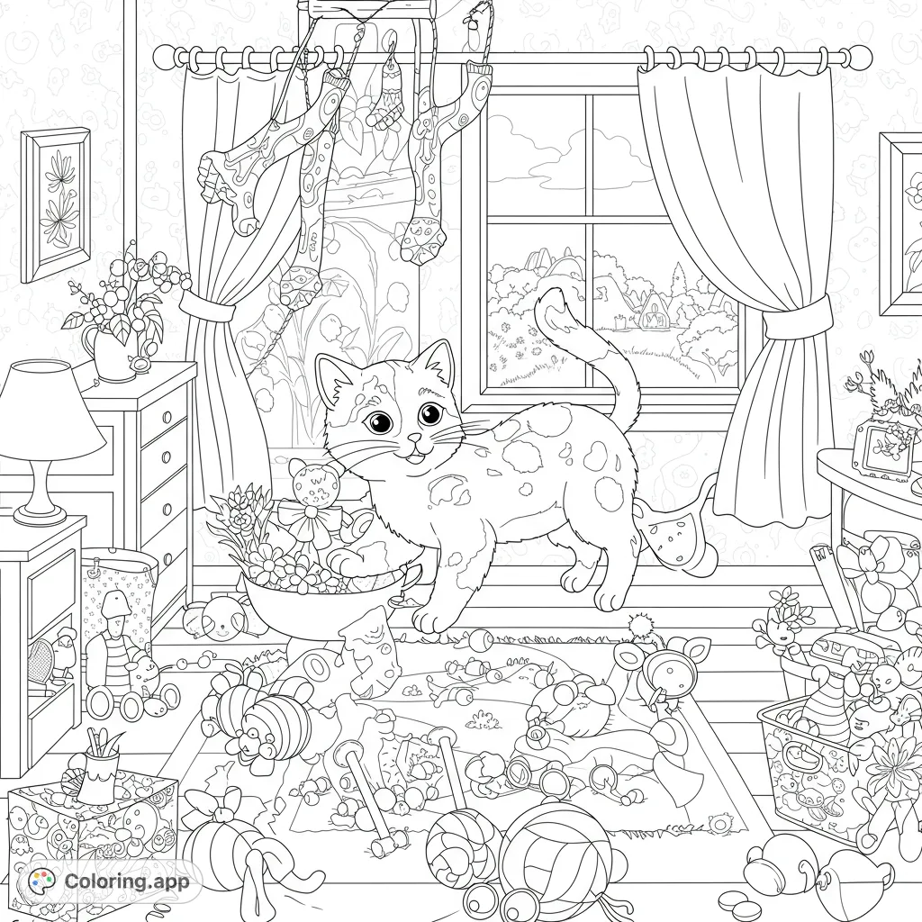 A charming spotted cat explores a room overflowing with diverse toys and household items, offering a detailed and engaging coloring adventure.