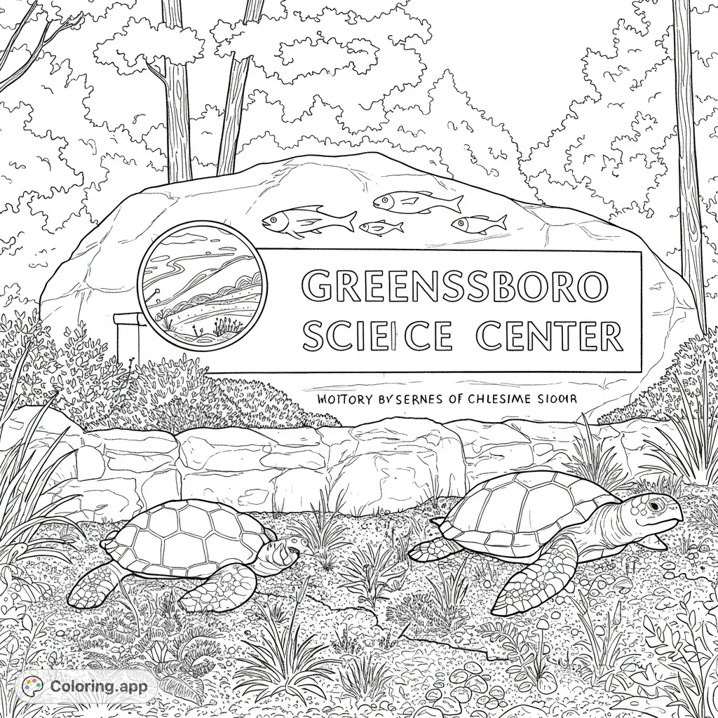 Explore nature with two detailed turtles near a large rock sign, surrounded by lush plants and trees. A free printable science-themed coloring page.