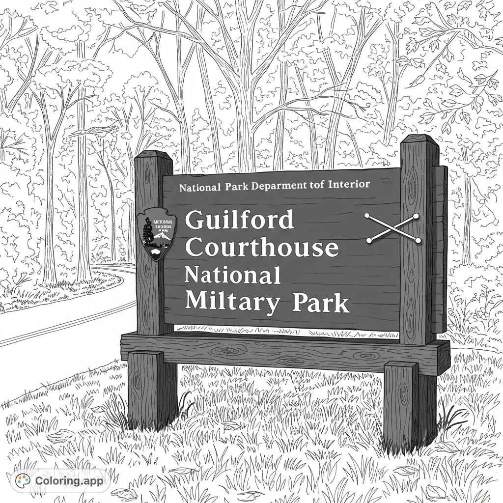 A detailed line drawing of the Guilford Courthouse National Military Park sign, surrounded by lush grass and a winding forest road, perfect for coloring.
