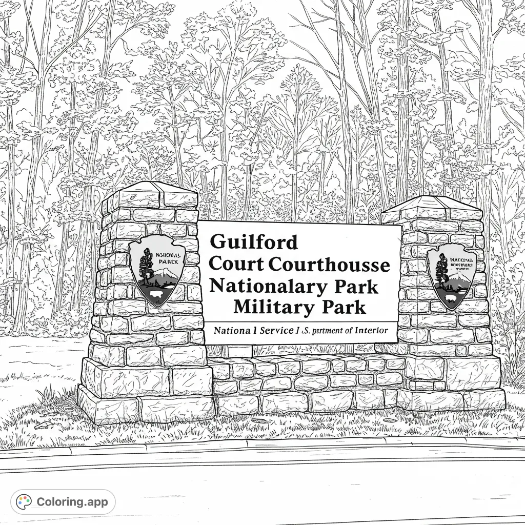 Color a detailed historic park monument sign with intricate stone textures and a dense forest background. A free printable national park coloring page.