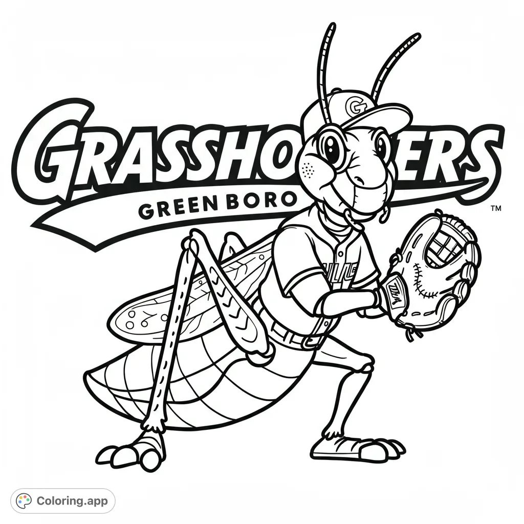 A dynamic grasshopper baseball mascot in uniform, ready to catch, perfect for sports fans and nature lovers to color. Free printable fun!