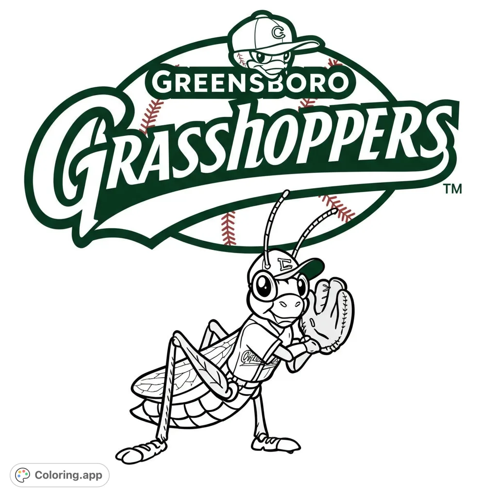 A sporty grasshopper mascot in a baseball uniform, ready to play, with a team logo background. Perfect free printable baseball coloring page!