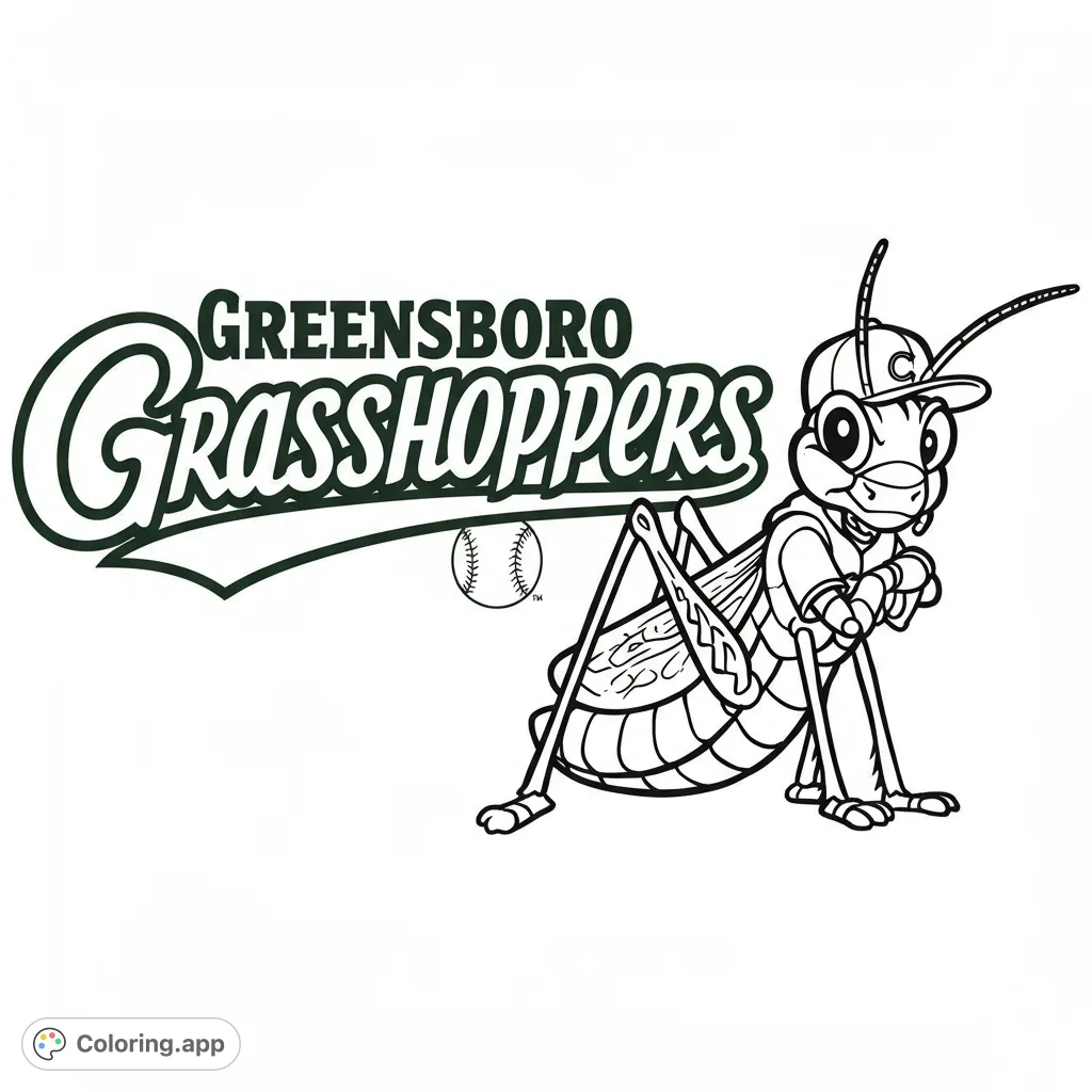 A fun baseball grasshopper mascot wearing a cap and jersey, holding a bat with a baseball nearby. Perfect for sports fans and nature lovers.