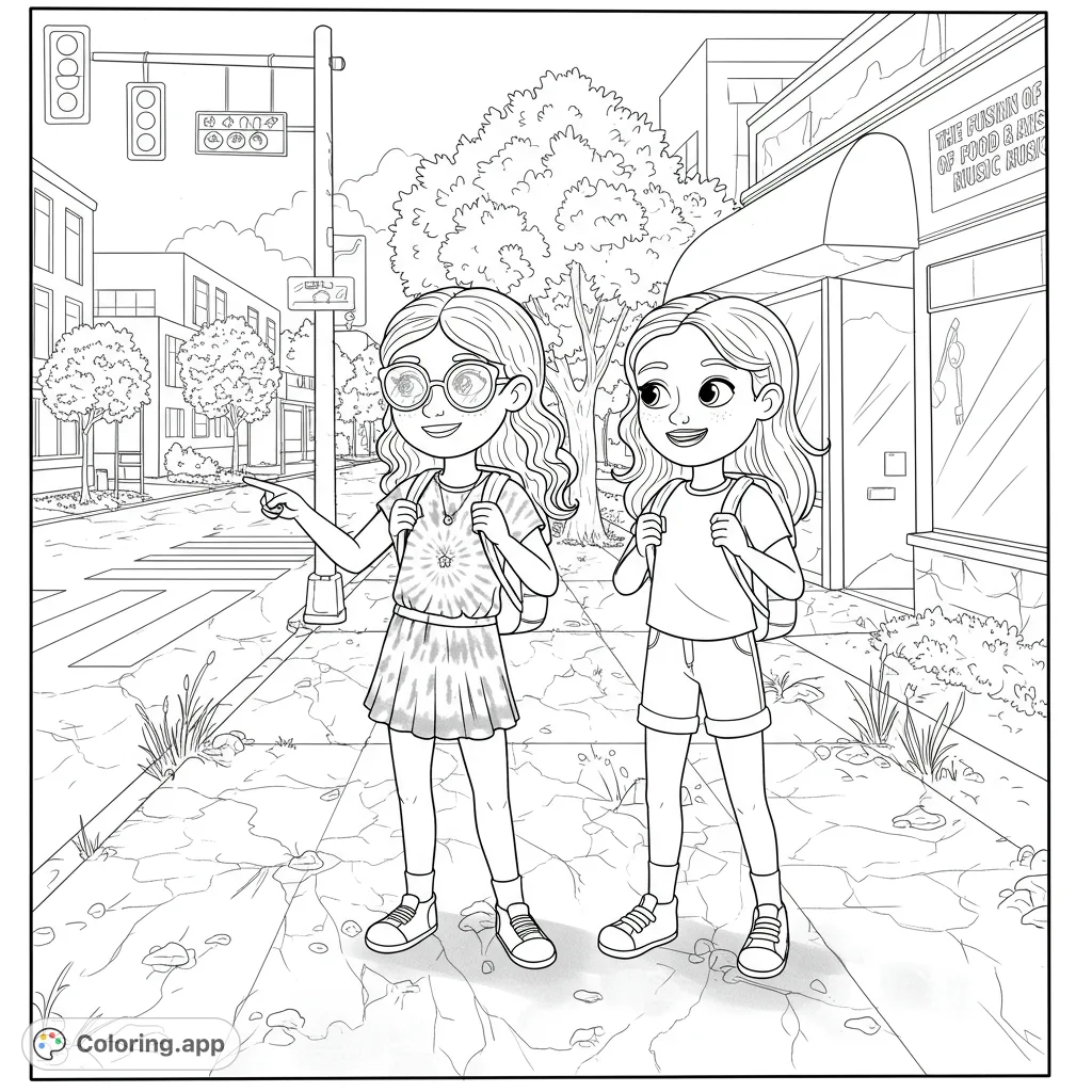 Two cheerful friends explore a vibrant city street, ready for adventure. A fun, free printable urban scene coloring page for kids and adults.
