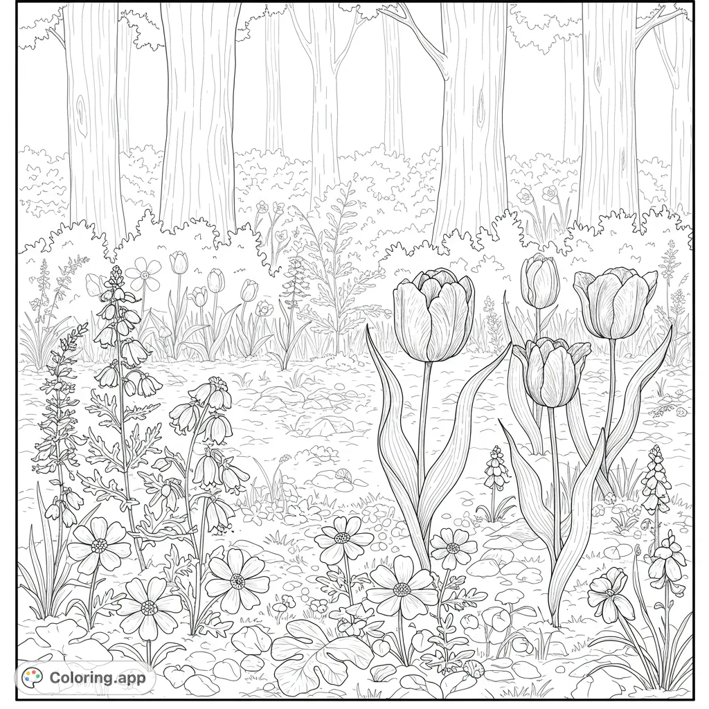 A beautiful forest garden scene with blooming tulips, wildflowers, and lush foliage, perfect for nature lovers and detailed coloring.