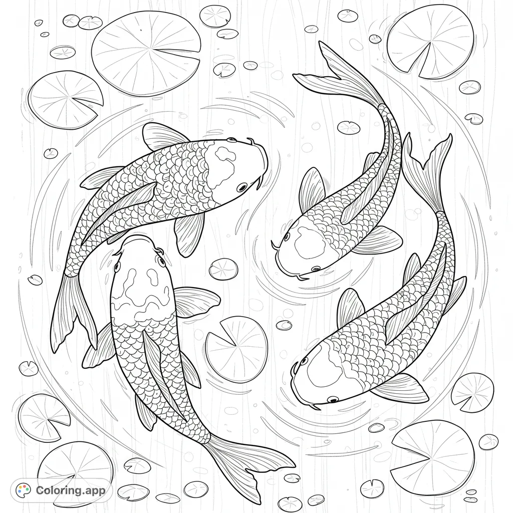 A serene koi pond coloring page featuring four graceful fish, intricate scales, and floating lily pads amidst gentle water ripples. Free printable.