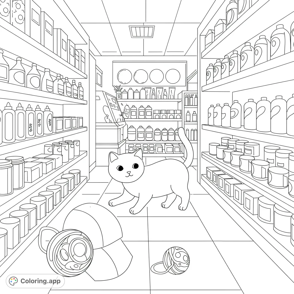 A charming supermarket coloring page featuring a curious cat amidst shelves of products, a baseball cap, and yarn. Perfect for all ages!