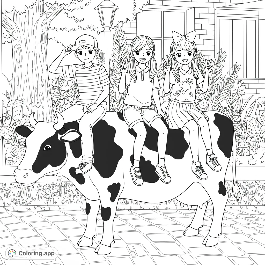 Three cheerful friends enjoy a whimsical ride on a friendly cow, set against a charming outdoor backdrop. A delightful farm adventure coloring page.