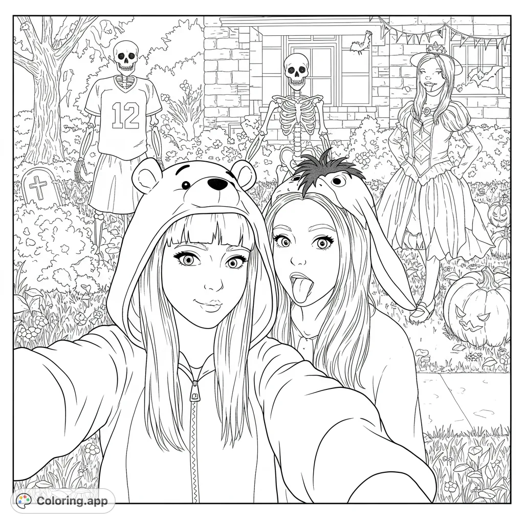 Capture the spooky fun with this Halloween selfie coloring page! Two friends in costumes pose with skeletons and pumpkins in a festive yard.
