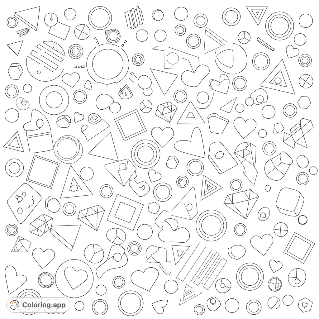 Explore a captivating abstract geometric shapes coloring page, featuring a dynamic array of circles, squares, triangles, and hearts.